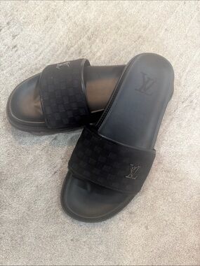 Louis Vuitton Black Checker Slide Sandals